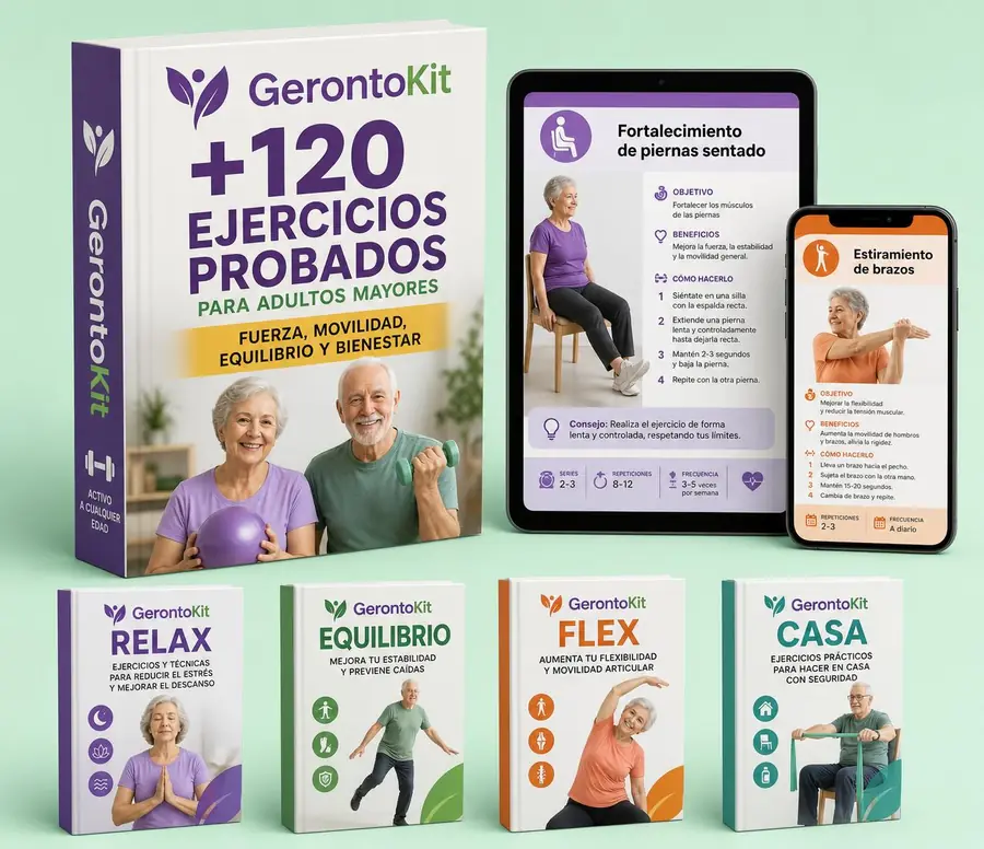 Kit GerontoKit Pro en PDF mostrado en libro impreso, tablet y móvil con ejercicios para personas mayores